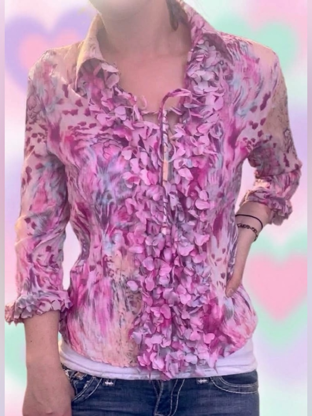 Vintage Piano Fairycore coquette heart cut out ruffle plisse crinkle Blouse y2k